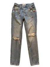 Free People We The Free Embroidered Fruit Bees Straight Leg Distressed Jeans 25