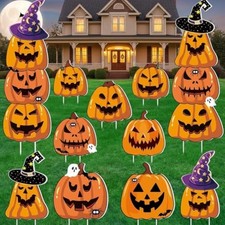 12 Pcs Halloween 16 Pumpkin Ghost Yard Signs with Witch Hat Outdoor