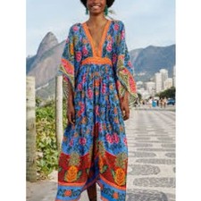 FARM Rio Blue Floral V-Neck Maxi Dress with Orange Accents