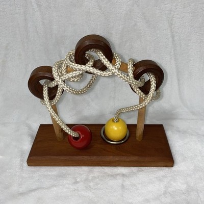 Vintage Wooden String Puzzle Ring and Ball Disentanglement Brain Teaser 