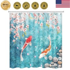 Japanese Fish Shower Curtain Asian Chinese Rustic Pink Cherry Blossom Floral ...