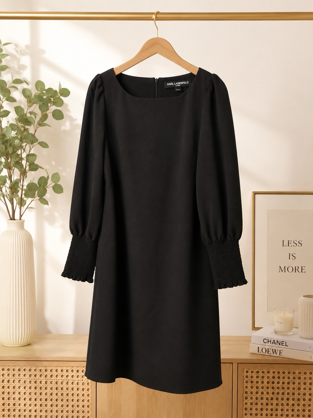 Karl Lagerfeld Paris Shift Dress Black 8 Long Puff Sleeve Smocked Cuffs