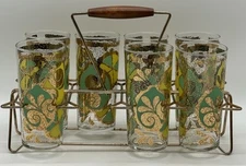 Vintage Georges Briard 7 Highball Glasses & Caddy Green Gold Tumbler MCM Barware