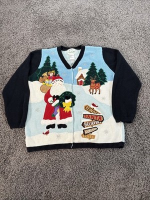 Vtg Quacker Factory Cardigan Sweater Womens L Christmas Knit Black Santa 90s