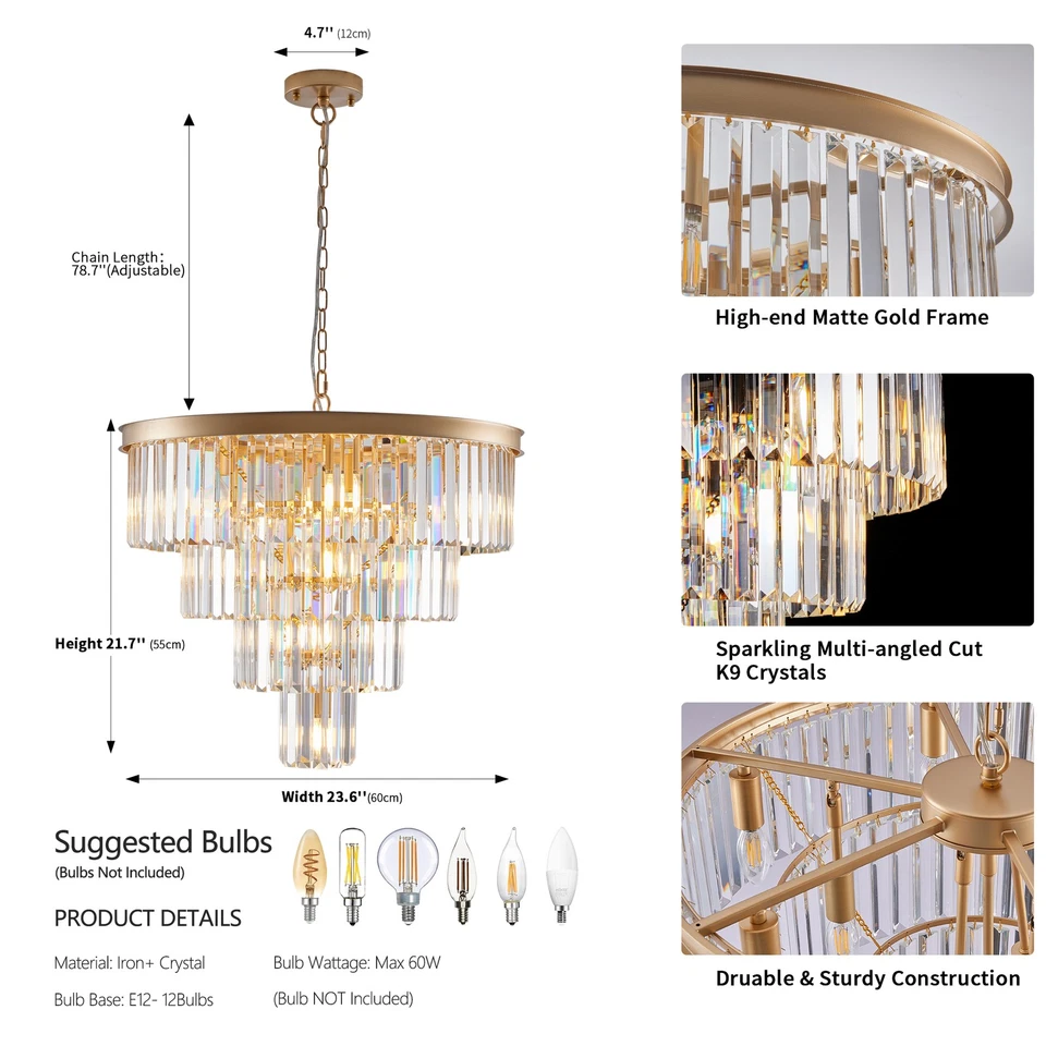 24" Luxury 4-Tier K9 Crystal Chandelier Modern Ceiling Pendant LED Light Fixture - Image 2 of 4