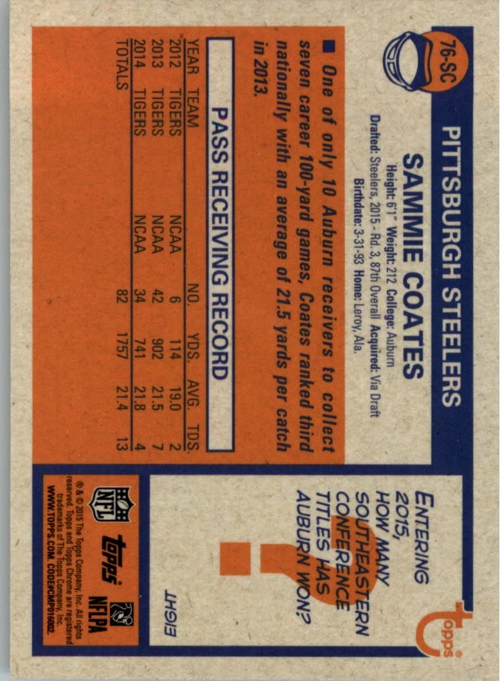2015 Topps Chrome '76 #76SC Sammie Coates - FB - Image 2 of 2