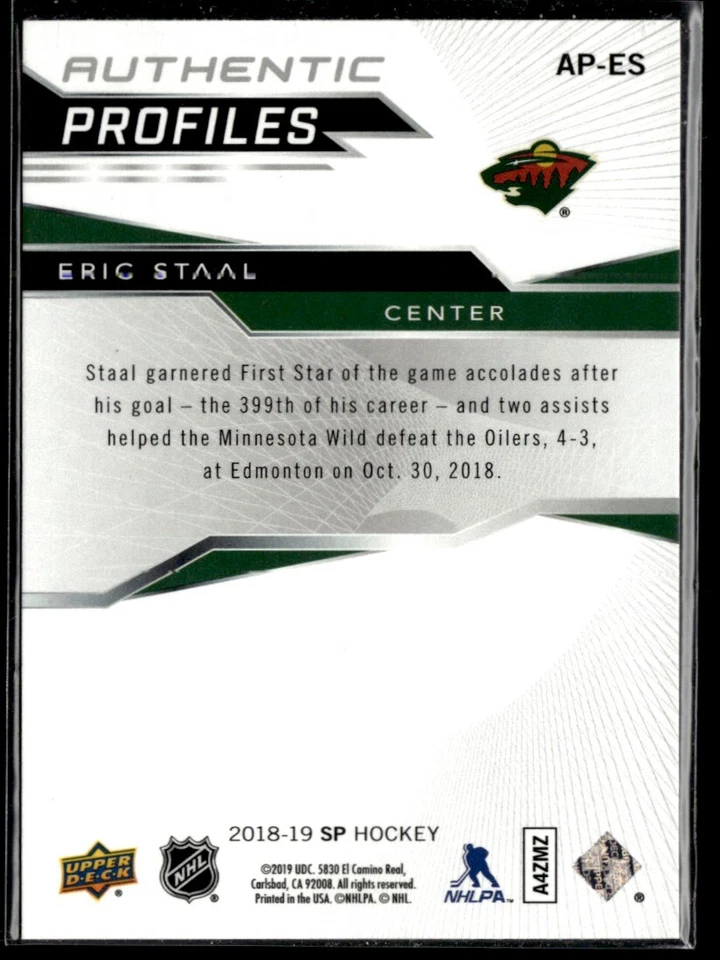 2018-19 SP Rookie Authentics - Blue Eric Staal #AP-ES H3R3A - Image 2 of 2
