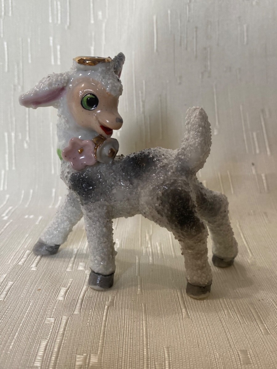 Vintage Anthropomorphic Textured Lamb Sheep w/bell & flower