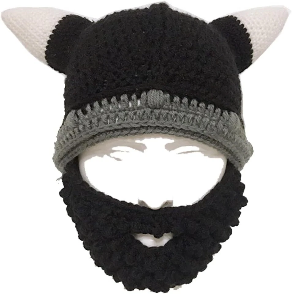 Casco Tejido y Barba Extraíble Caballero Bárbaro Sombrero Cuernos Vikingos Gorro Gorra Divertida Foto 3 de 4
