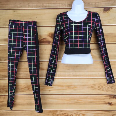 Feathers Outfit Set Long Sleeve Shirt Leggings Girls Size S Black Checks Stretch