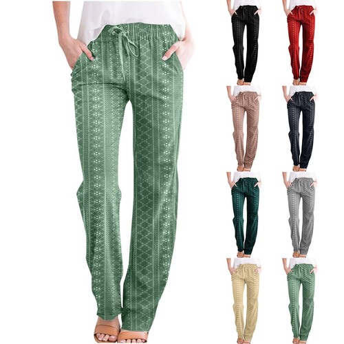 Womens Drawstring Straight Leg Elastic Lounge Pants Pockets Casual Eyelet Pants - Picture 1 of 21