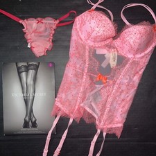 Victoria's Secret 32B,32C GARTER CORSET BUSTIER S THONG PINK orange crystallized