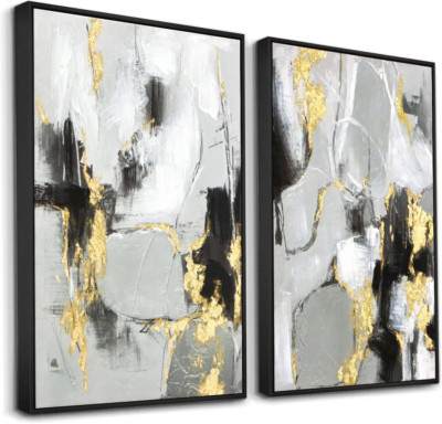 Black and Gold Abstract Wall -Art Decor- 2 Pack 16 X 24 Inches Black and White C