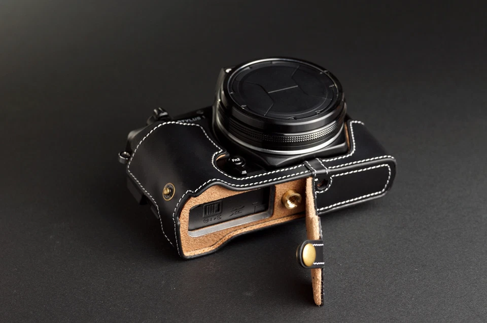 Genuine real Leather Full Camera Case bag for Olympus STYLUS 1 Bottom Open Black - Image 3 of 4