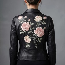 Women's Black Leather Jacket Pink Rose Floral Embroidered Biker Coat Handmade