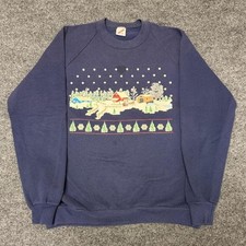 Vintage Jerzees Christmas Sweatshirt XL Navy Blue Winter Barn Scene 90s USA Made