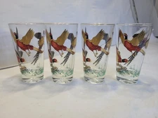 Set of 4 ~ Vintage Hazel Atlas 22K Gold Pheasant Birds Barware Glasses