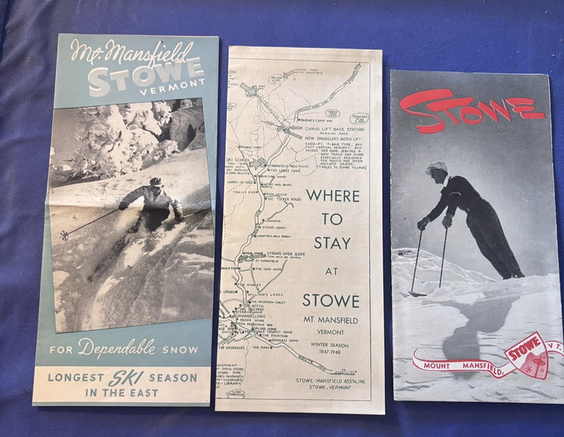 SET OF THREE STOWE VERMONT  MT MANSFIELD SKI BROCHURES  -EXC COND  (LATE 1940'S)