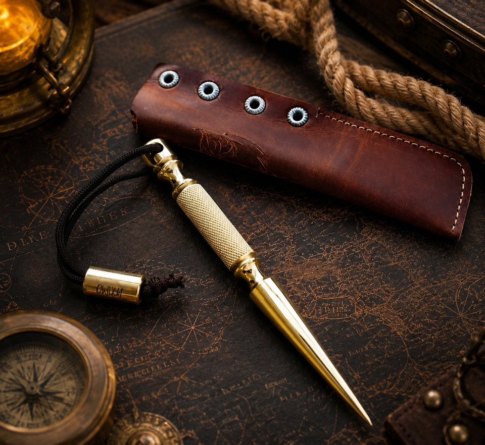 A solid brass marlin spike with a handstitched leather sheath — a maritime EDC tool that doubles as a desktop conversation piece with serious old-world craft appeal.
