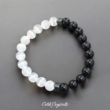 Selenite And Black Tourmaline Bracelet Natural High Quality Stones 8mm Stretches