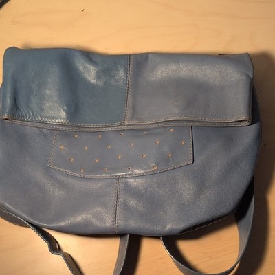 Uncle k Blue Leather Shoulder Bag  Striped Lining Studded Pocket Pockets