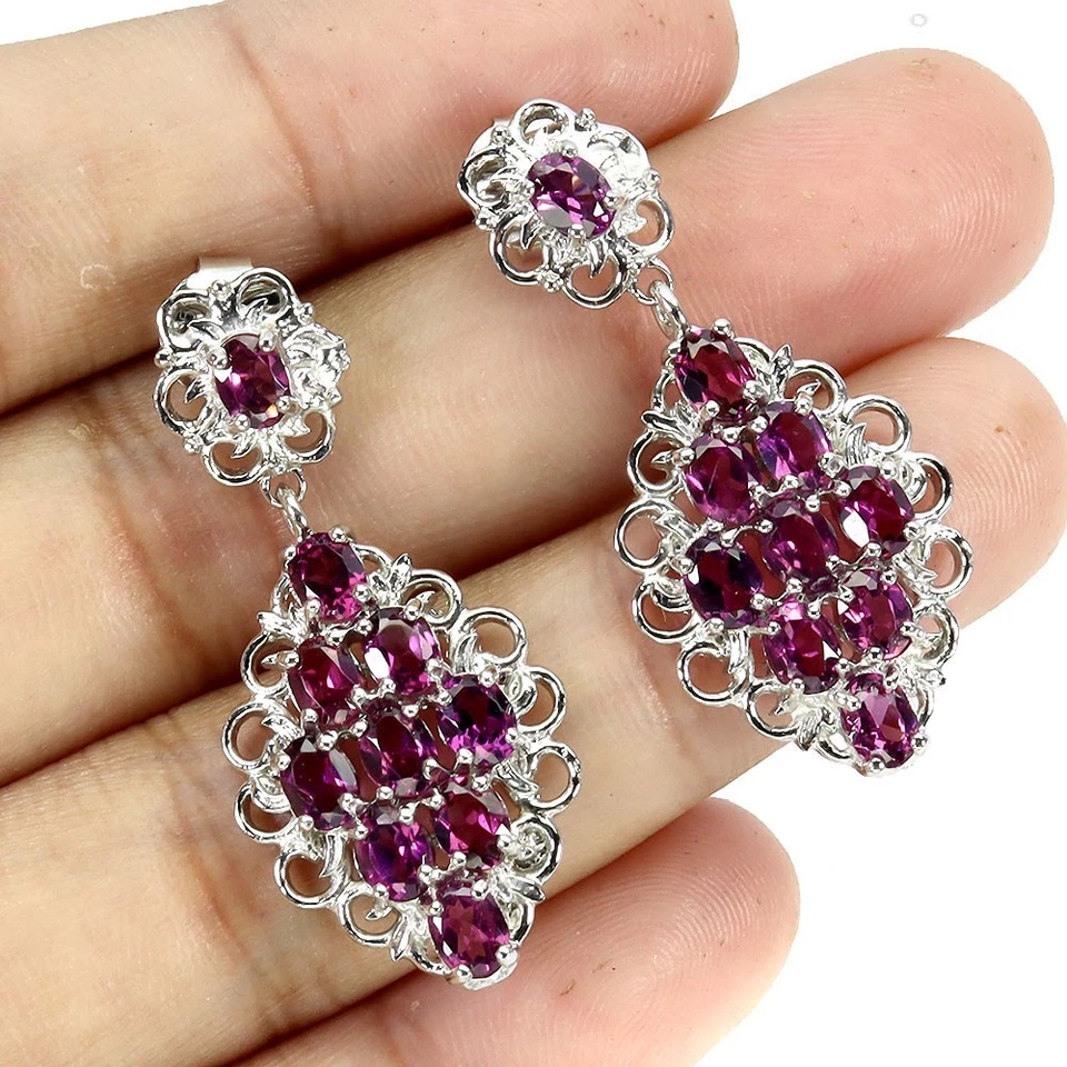 925 Sterling Silver Earrings Oval Rhodolite Garnet Natural Gemstone Jewelry - Image 2 of 4