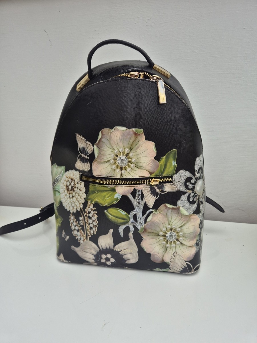 Ted BAKER Floral black leather Rucksack bag gold Bryant UK