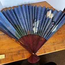 Vintage Folding Wall Fan X-Large Hand Painted Wall art Blue With Bird Design 24”