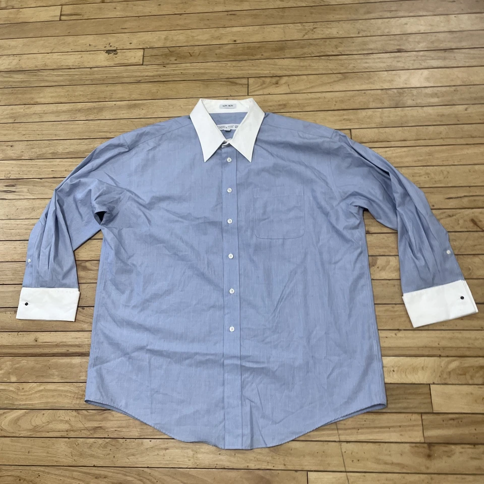 Camisa Joseph & Feiss Puño Francés Hombres 17.5 32/33 Azul Blanco Cuello Preppy Dinero Foto 2 de 4