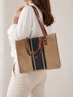 Modische Damen Canvas Tote Bag - Schwarz mit Kaffeebraunen Streifen