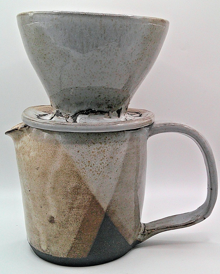 Handcrafted Artisan Raku Pottery Pour Over Coffee Dripper and Pitcher Signed LCM