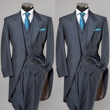 Gray Formal Men Suits With Tail Classic Fit Wedding Groom Prom Tuxedos 3 Pieces
