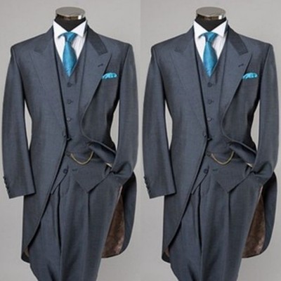 Gray Formal Men Suits With Tail Classic Fit Wedding Groom Prom Tuxedos 3 Pieces