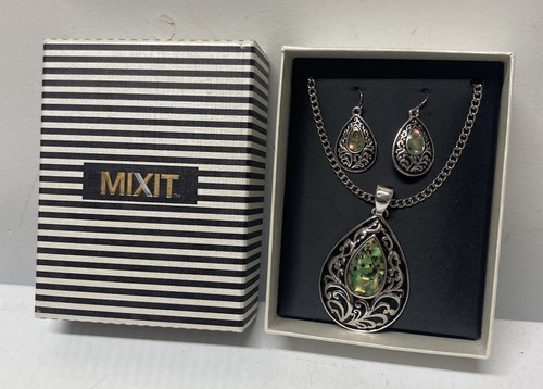 MIXIT Jewelry Set Necklace & Earrings Faux Abalone Silver-Tone NIB NEW