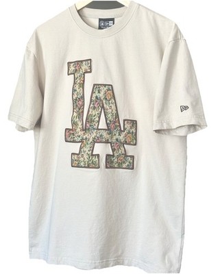 LA Dodgers NEW ERA Embroidered Floral T-Shirt Men s Cream Medium-Excellent cond