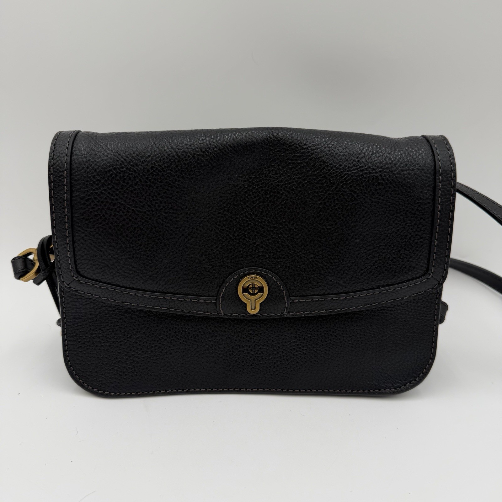 FOSSIL Ainsley Flap Crossbody Bag Black Leather Purse Gold Hardware