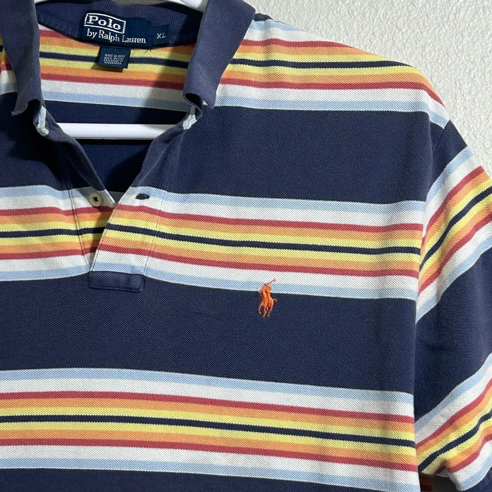 Polo Ralph Lauren Polo Shirt Mens XL Navy Multi Stripe Short Sleeve Cotton Faded - Image 3 of 4