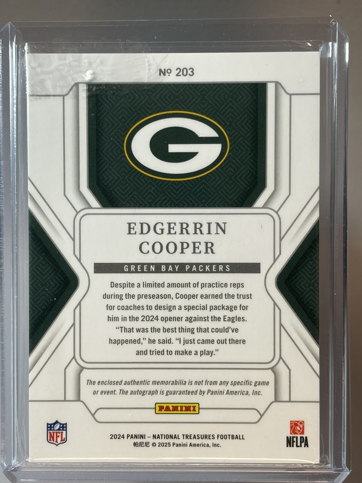 Panini 2024 National Treasures Rookie Patch Auto Edgerrin Cooper #203 Packer /56 view 2