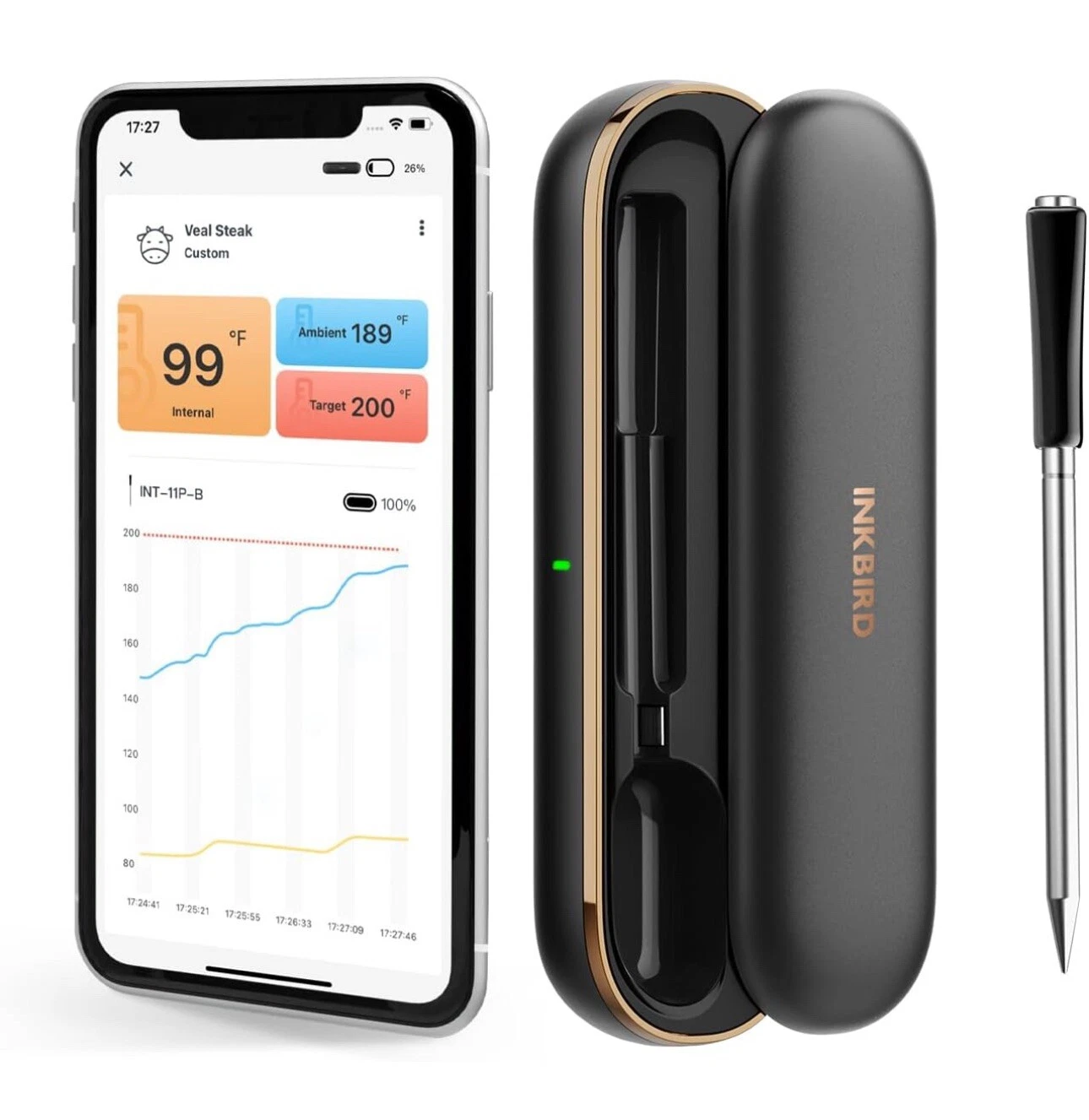 Wireless Meat Thermometer INT-11P-B, Bluetooth Meat Thermometer for Grilling ...
