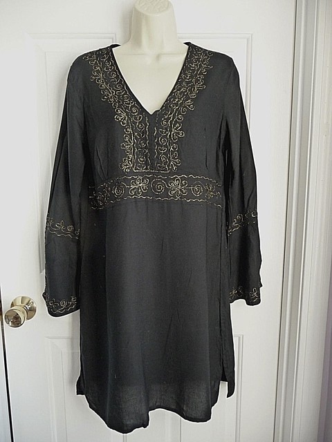 black long sleeve dress with gold embroidery