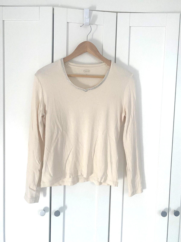 TALBOTS Top T-shirt sz S Knit Bling Collar Cream Beige V-neck Long Sleeve COTTON
