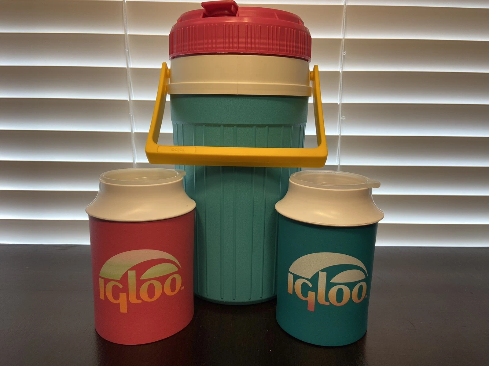 Vintage 90s Igloo 1/2 Gallon Jug Pink Teal Neon Yellow + 2 Beverage Beer Koozies