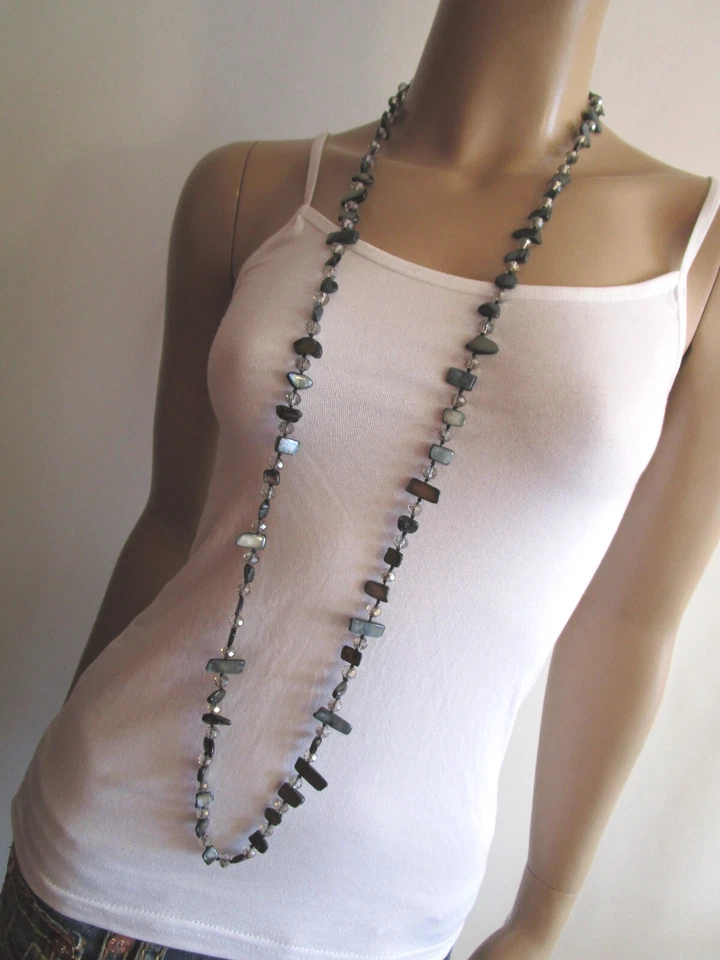 Damen Hals Kette Modekette Bettel lang Perlmutt Perlen Schwarz Grau Endloskette - Bild 4 von 4