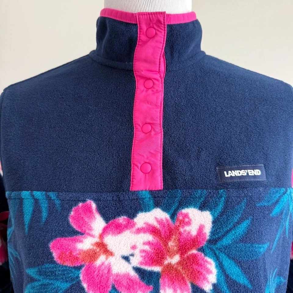 Lands’ End Quarter Snap Fleece Pullover Womens Small Floral Tropical Flowers - Image 2 of 4