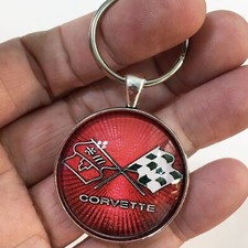 Vintage 1970's Chevrolet Corvette Racing Flags Logo Emblem Keychain