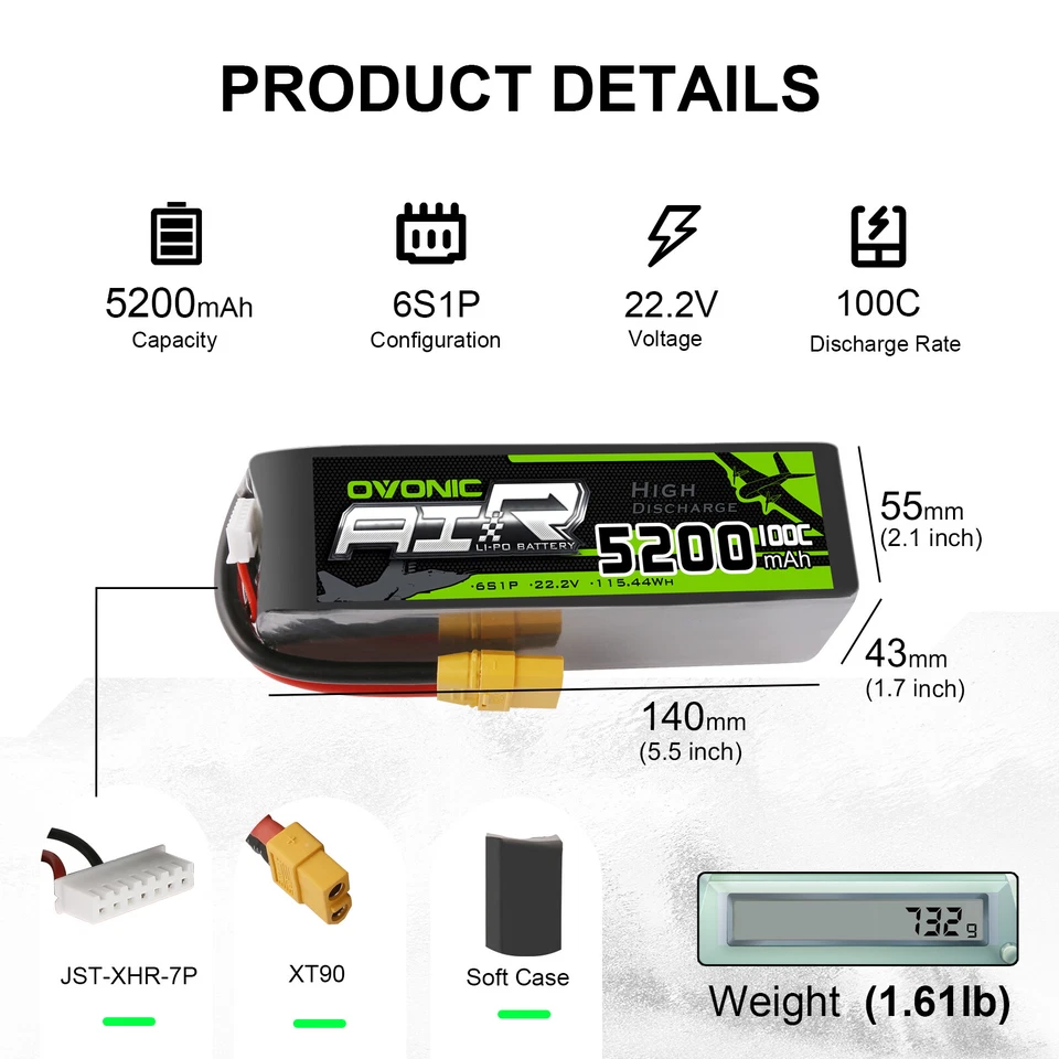 2x OVONIC 100C 5200mAh 6S Lipo akku 22.2V mit XT90 Für RC planes Heli Jet Drohne - Bild 3 von 4