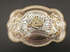 COWBOY SILVER PLEY PLATE LG BELT BUCKLE HEVILLES MEXICO DESIGNER BUCKING BRONCO