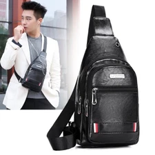 Men Leather Sling Bag Chest Shoulder Crossbody Backpack USB Charging Port Travel