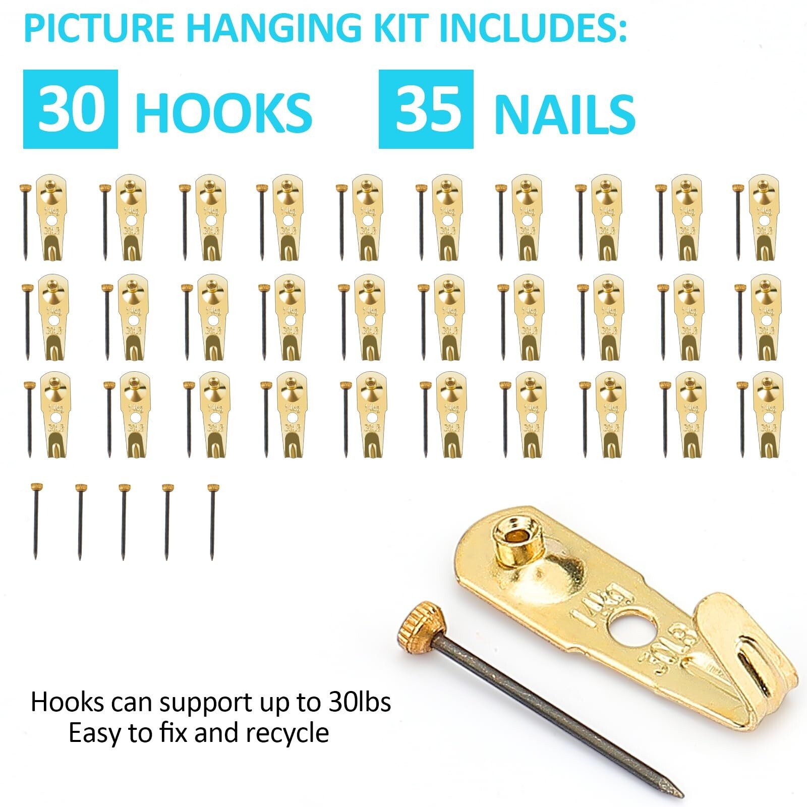 30 lb Picture Hangers (30 Set), Professional Picture Hanging Hooks with Nails...