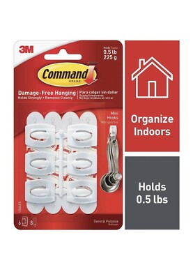 3m Command Mini Hooks Damage Free Wall Door Hook Hold Up to 225g Pack of 6 White